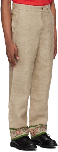 Beige Embroidered Trumpetflower Trousers