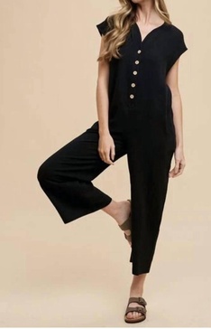 cotton gauze button down jumpsuit in black