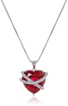 Amazon Essentials Sterling Silver Created Pink and White Sapphire Wrapped Heart Pendant Necklace , (previously Amazon Collection)
