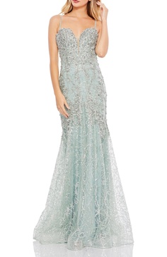 Women's Embellished Sleeveless Plunge Neck Trumpet Gown
