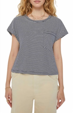 the keep on rolling pocket tee in nautical white and navy stripes