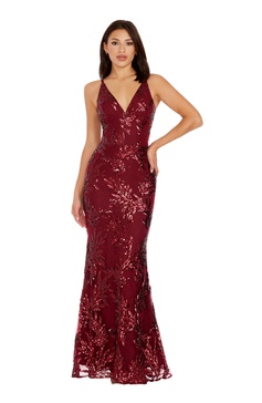 Dress the Population Women's Sharon Sequin, Maxi, Mermaid, V-Neck Gown, Burgundy, XX-Large