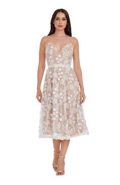 Dress the Population Women's Tahani Plunge Neckline Fit and Flare Midi Dress