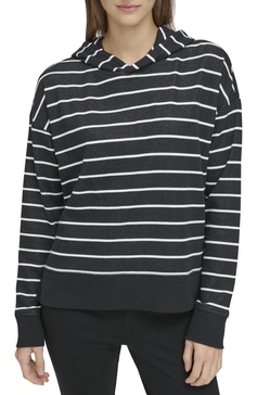 Andrew Marc Women's Long Sleeve Fashion Hoodie, Black/White Stripe