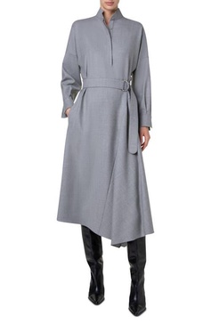 Half-Circle Inset Belted Long-Sleeve Midi Dress