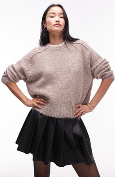 Topshop knit rib detail crew relaxed sweater in mushroom