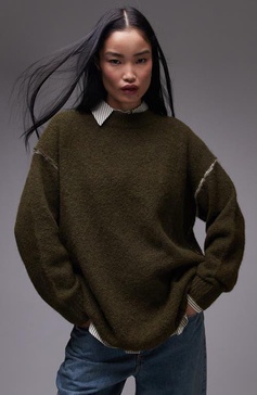 Topshop knitted exposed contrast seam oversized sweater in khaki