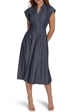 Women's Denim Midi Cap-Sleeve Shirtdress