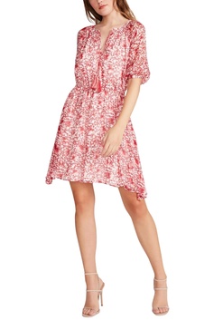 short sleeve tassel tie mini dress in red/white