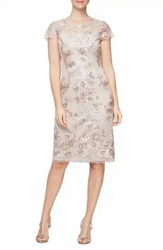 floral embroidered sheath dress in nude multi