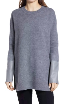 leather cuff mid length side slits wool sweater in gray