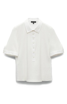 women's ribbed mixed media short sleeve polo, white