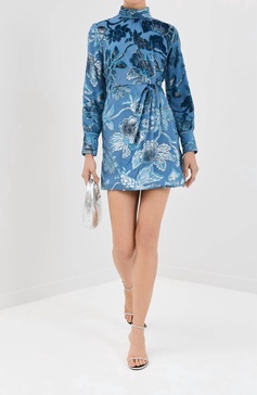 halen draped mock neck mini dress in celestial