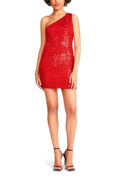 one shoulder sequin cocktail mini dress in red