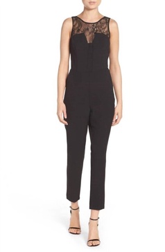 crepe lace insert sleeveless jumpsuit in black