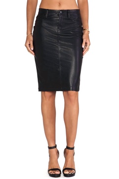 faux leather knee length skirt in pussy cat