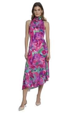 Maggy London High Neck Halter Asymmetrical Fit and Flare Midi Wedding Guest Dresses for Women