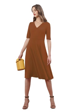 Donna Morgan Women's Stretch Crepe Elbow Sleeve V-Neck Fit and Flare Midi Dress, Cedar, 8