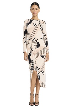 Maggy London Women's Long Sleeve High Neck Midi Asymmetrical Hem with Side Slit-Evening Formal Dress