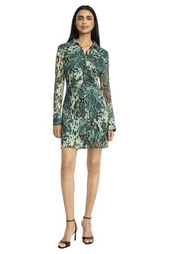 Donna Morgan Women's Button Down Collared Snake Print Fitted Mini-Long Sleeve Shirtdress-Going Out Dress