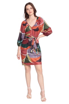 Donna Morgan Women's Shirred V-Neck Mini Dress with Puff Sleeves and Tie Waist