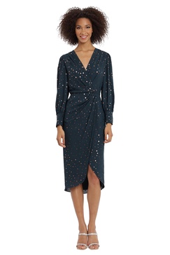 Maggy London Women's Long Sleeve Faux Wrap Dress