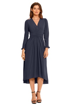 Maggy London Women's V-Neck Hi-lo Midi Dress with Gathered Waist and Ruffle Details