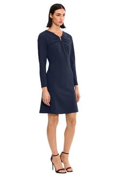 Donna Morgan Women's Long Sleeve Fit and Flare Crepe U-Ring Trim Dress Workwear Career Office Event Guest of