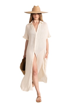 Gottex Beach Life Resort Black Solid Button Down Kaftan Dress Swimsuit Elegant & Stylish Cover Up 100% Cotton for Women