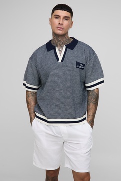 Tall Contrast Edge Open Knit Boxy Oversized Polo Shirt