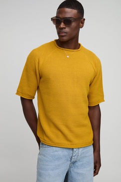 Regular Fit Waffle Raw Trim Knitted T-Shirt