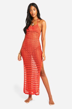 Tall Crochet Knitted Halter Beach Midi Dress