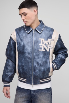 Boxy Man Badge Crinkle PU Varsity Jacket