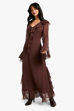 Petite Ruffle Flare Sleeve Belted Chiffon Maxi Dress