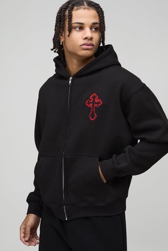 Oversized Boxy Zip Through Embroidered Gothic Cross Hoodie