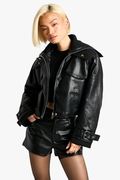 Rib Detail Faux Leather Bomber Jacket