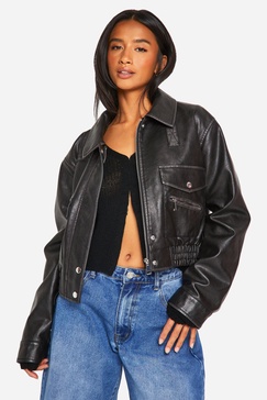 Petite Vintage Look Faux Leather Bomber Jacket