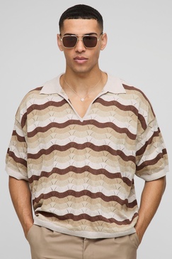 Oversized Boxy Crochet Look Stripe Knitted Polo
