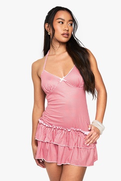 Gingham Strappy Tiered Mini Dress