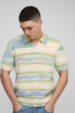 Boxy Brushed Striped V Neck Short Sleeve Knitted Polo