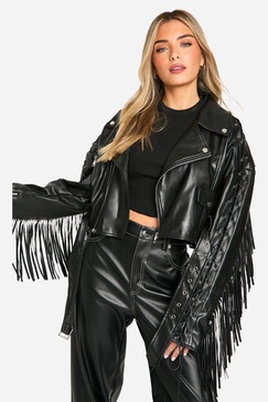 Fringe Detail Belted Faux Leather Biker Jacket