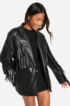 Fringe Detail Faux Leather Belted Jacket