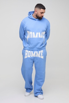 Plus Oversized Boxy Twill Applique Contrast Stitch Hooded Tracksuit