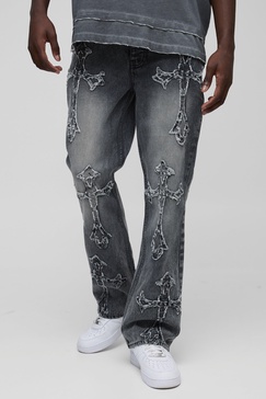 Slim Flared Acid Wash Cross Applique Gusset Jeans