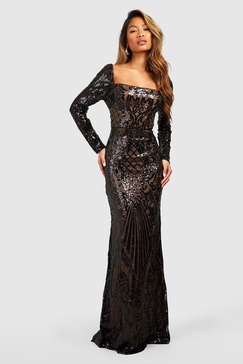 Damask Sequin Fishtail Maxi Party Dress