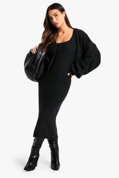 Petite Chunky Knit Dress And Cardigan Co Ord