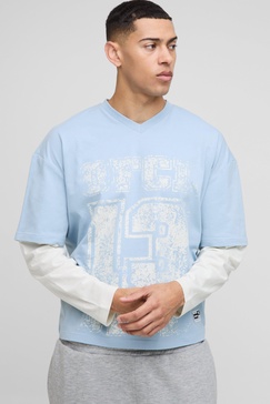 Oversized Boxy Woven Tab Faux Layer Sleeve Graphic V Neck T-Shirt
