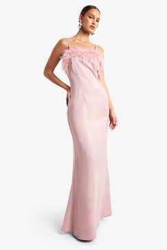 Feather Trim Satin Maxi Slip Dress