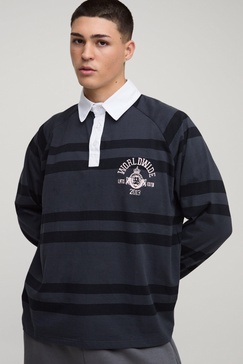 Oversized Worldwide Stripe Long Sleeve Interlock Polo