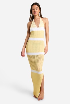 Tall Crochet Beach Halterneck Stripe Maxi Dress